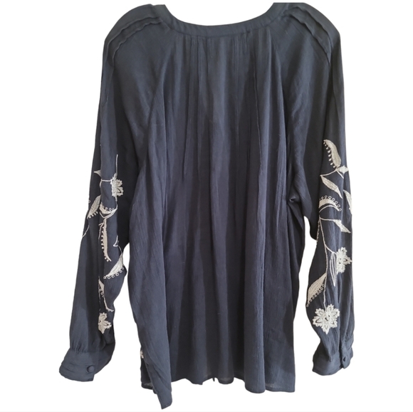 J JILL Navy Blue White Embroidered Floral Button Front Long Sleeve Large - Picture 3 of 7